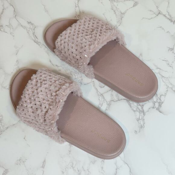 Bamboo Mauve Soft Fur Fuzzy Slides Metallic SZ 10 $20 - Picture 5 of 11